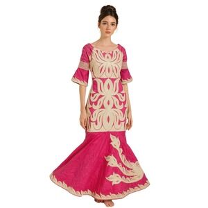 H&D Women African Bazin Riche Mermaid Gown Fuchsia Pink Embroidered Dress Large